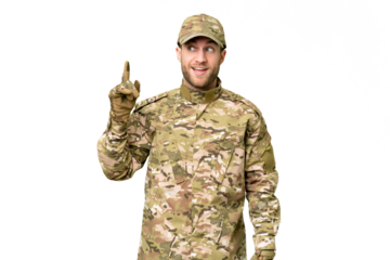 Military man over isolated chroma key background intending to realizes the solution while lifting a finger up