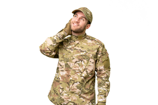 Military man over isolated chroma key background thinking an idea - Powered by Adobe