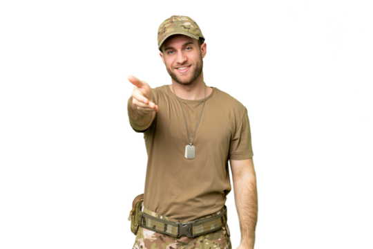 Military with dog tag over isolated chroma key background shaking hands for closing a good deal - Powered by Adobe
