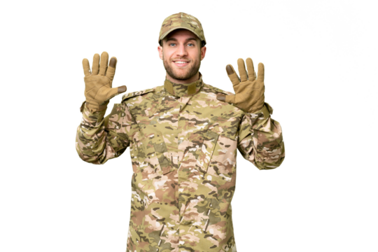 Military man over isolated chroma key background counting ten with fingers