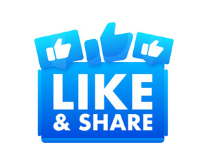 Bright blue vector graphic for social engagement with Like Share encouragement, featuring thumbs up icons for digital marketing and online
