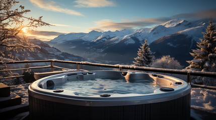 Hot vat on snowy terrace at mountains. Winter vacation concept with hot bath outside - obrazy, fototapety, plakaty