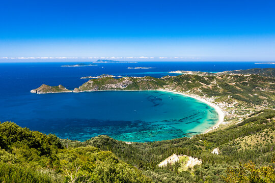 Greece, Ionian Islands, Agios Georgios, Blue bay of Corfu island in summer