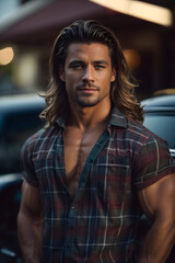 Fototapeta premium Man With Long Hair Standing Next to Car. Generative AI.