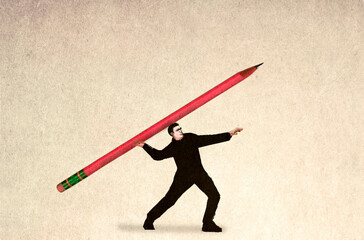 Businessman throwing oversized pencil towards success