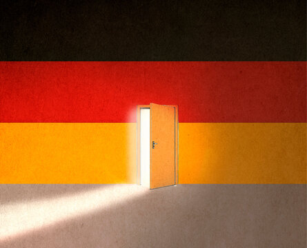 German flag with light of opportunity behind ajar door to immigrate in Germany