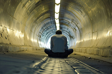Man Sitting on Ground in Tunnel - Dark Passage to Solitude and Reflection