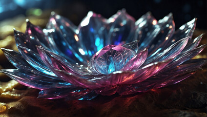 Beautiful crystal color flower made of glass and gems on magic dark background.