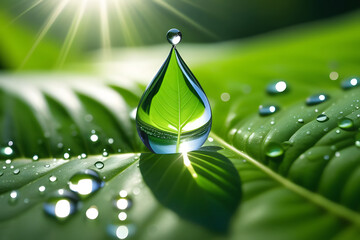 water drop on green leaf. 
