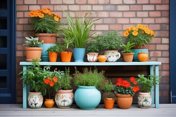 display of assorted plants in stylish terracotta pots - obrazy, fototapety, plakaty