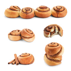 Tasty cinnamon rolls isolated on white, set