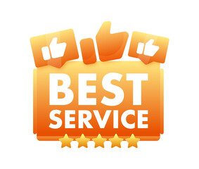 Vibrant orange BEST SERVICE vector badge with thumbs up and star icons, representing excellent customer service and satisfaction