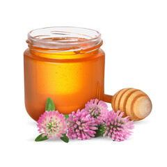 Honey in glass jar, dipper and clover flowers isolated on white