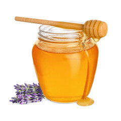 Honey in glass jar, dipper and lavender flowers isolated on white