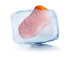 Frozen food. Chicken nugget in ice cube isolated on white