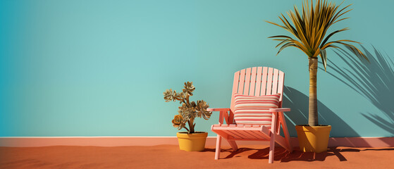 Summer beach concept. Deck chair on a strong sun. Bright pastel background. Vacantion Time. Generative AI
