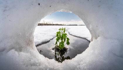 plant through an oblong hole in melting snow