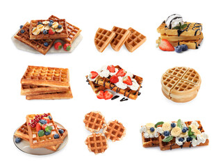 Tasty Belgian waffles isolated on white, collection