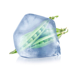 Frozen food. Raw green peas in ice cube isolated on white