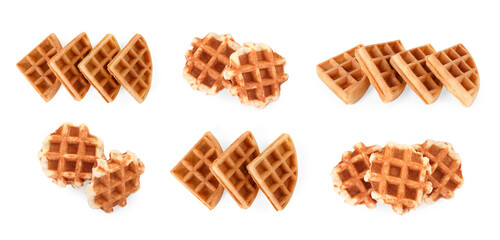Tasty Belgian waffles isolated on white, collection