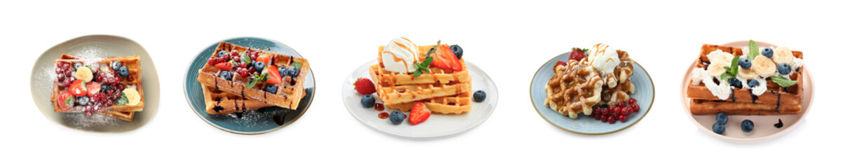 Tasty Belgian waffles with toppings isolated on white, collection
