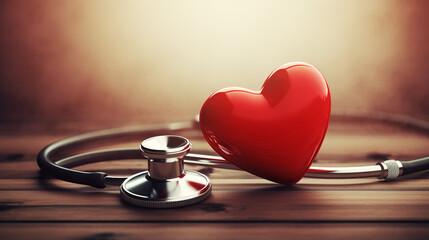 Stethoscope and red heart on wooden table. Cardiology concept