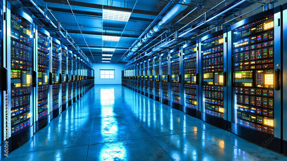 Poster server room infrastructure: a well-organized server room showcasing networking, computing, and data 