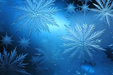  Background of Snowflakes, Stars Frozen Cool Ice Crystals like Beautiful Glass in Winter Christmas mood, deep Blue Gradient for Product Display Texture, fresh and wet water drops sparkle like Window  