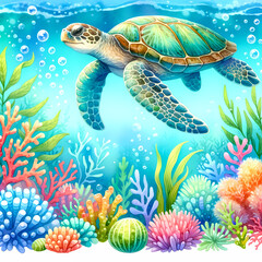 Cute sea turtle, ocean, colorful fish, coral, jellyfish, digital watercolor illustration