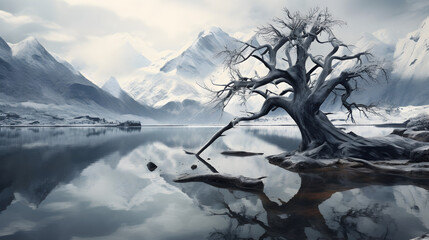Lone blackberry tree standing icy region beautiful image,,
Landscape with dead tree