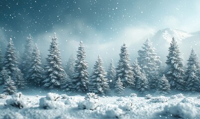 Naklejka na ściany i meble Snow-covered trees in a winter snowy landscape.