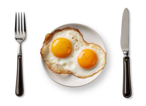 Fried eggs in plate with fork and knife isolated on transparent background. Generative AI