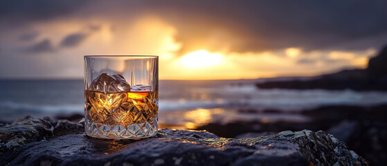 Fototapeta na wymiar glass of whiskey shines on an ornate stone against the dark brooding light shafts in a coastline backdrop, food advertising, with empty copy space