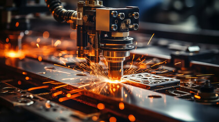 Cnc milling machine. Processing and laser cutting for metal in the industrial. Motion blur. Industrial exhibition of machine tools. - obrazy, fototapety, plakaty