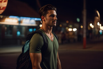 Man Standing on Night Street With Backpack. Generative AI.