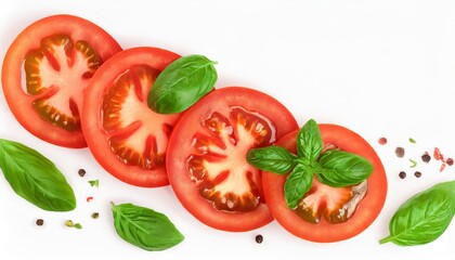 tomato slices with basil leaf isolated on white background top view with copy space for your text flat lay