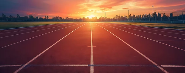 Foto op Canvas Running track field at sunset, in the style of photorealistic landscapes, modern, rounded, stylish, bright © thisisforyou