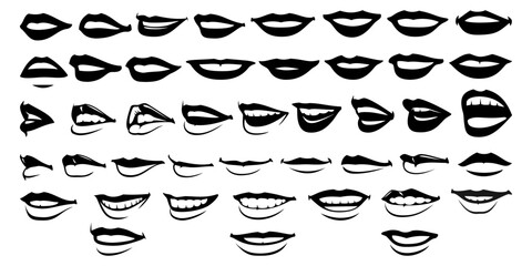 Woman Lips Silhouettes Set. For avatars, faces, portraits design. Back and white vector cliparts.