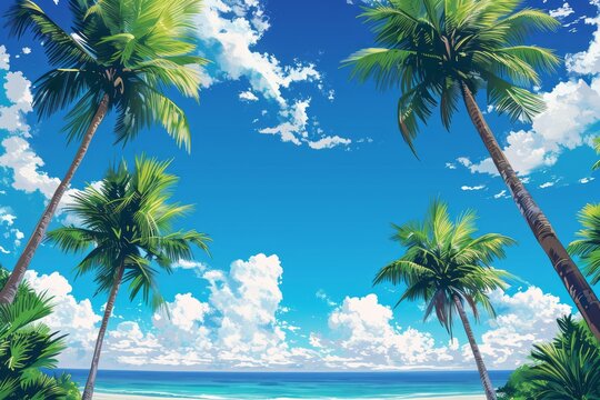 a lot of palms near the beach, anime manga style 3k anime background