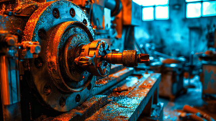 Industrial Workshop Machinery: A background showcasing metallic industrial equipment, steel work, and machinery in a vintage setting - obrazy, fototapety, plakaty