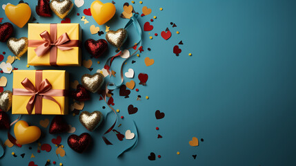 Present or gift box, paper heart and confetti on blue background top view. Valentines day greeting card. Flat lay style.