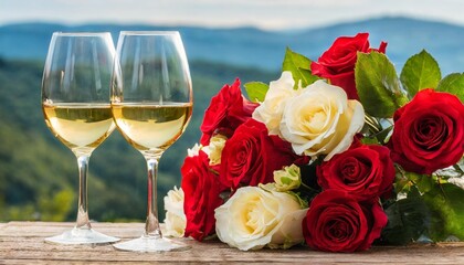 two wine glasses and bouquet of flowers ontable concept of valentine s day and romantic date for couple