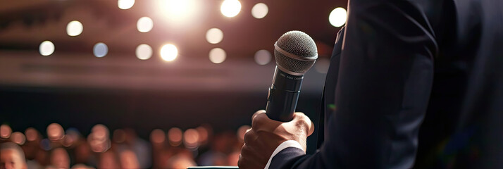 Professional Man Holding Microphone for Public Speaking Event