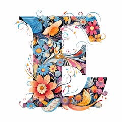 Alphabet letter "E" with flowers and butterflies isolated on white background. Ai generative