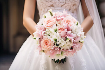 Obraz na płótnie Canvas Bride Holding Pink and White Flower Bouquet on Wedding Day