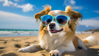 a dog wearing sunglasses on the beach