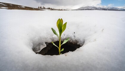 plant through an oblong hole in melting snow