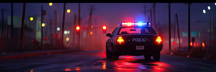 Police Car Driving Down Street at Night, Law Enforcement in Action