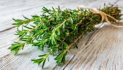 bundle of thyme on the white board horizontal