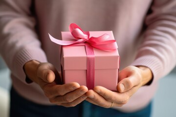 Close-up man hands holding gift box, present surprise, Festive, celebration, pink, congratulation. Valentine's day. LGBT, homosexual, friends relationship, lesbian couple. Love and care